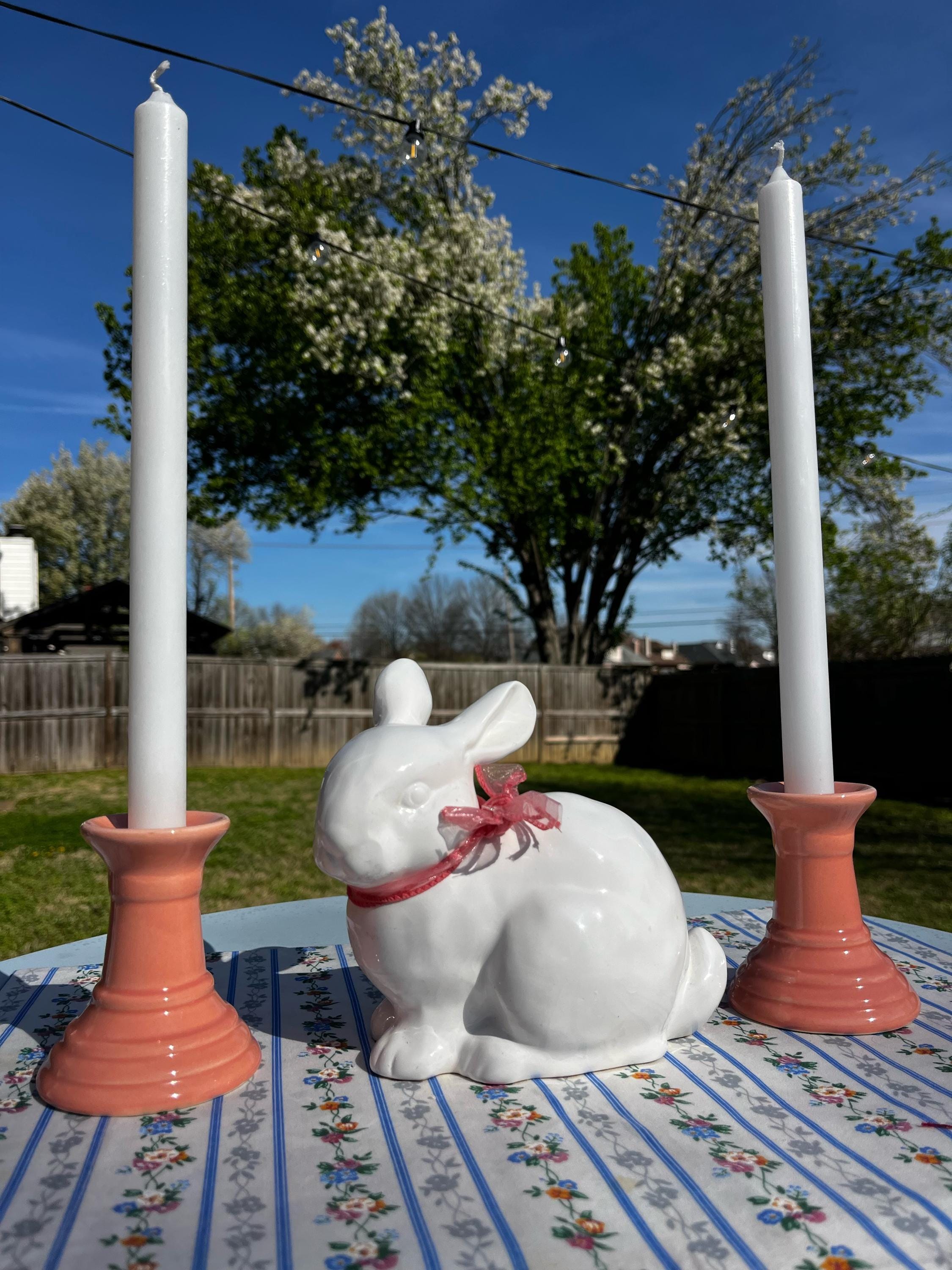 Vintage Peach Ceramic Candle Holders Pair – Coral Pink