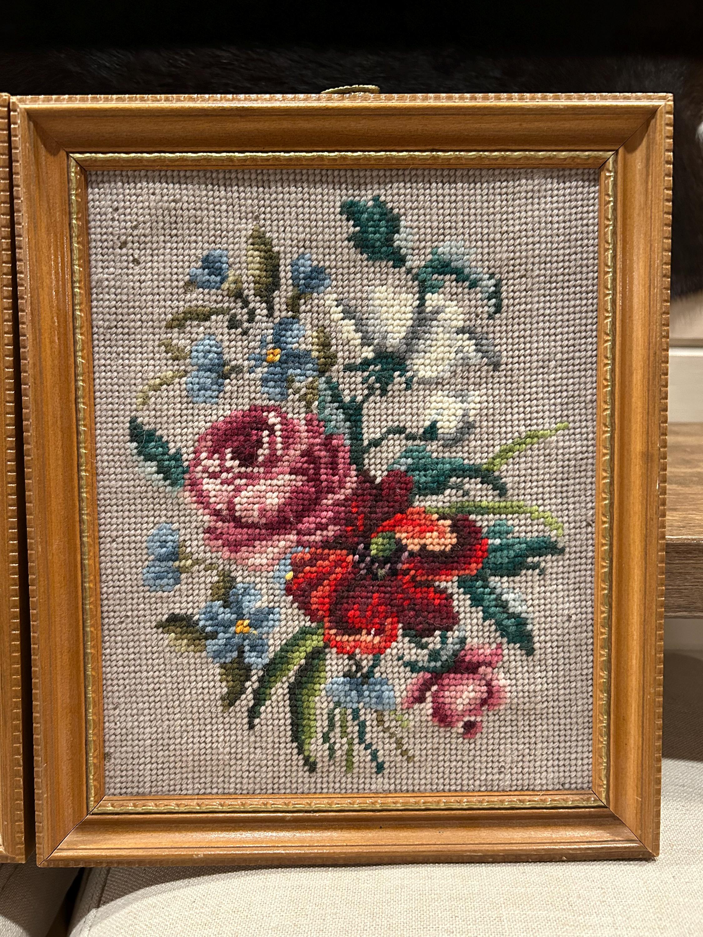 Vintage Needlepoint Wall Art Pair Framed Floral 1969 Handmade ...