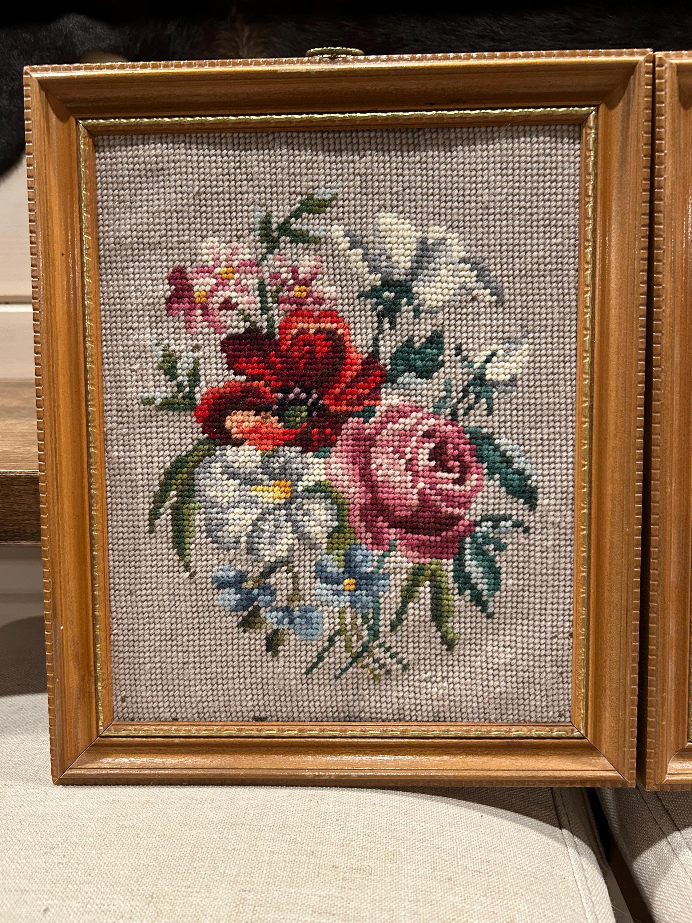 Vintage Needlepoint Wall Art Pair Framed Floral 1969 Handmade ...