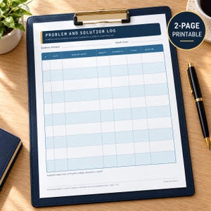 May include: A navy blue clipboard holding a white paper form titled Problem and Solution Log with a dark blue header. The form features a grid with columns for date, problem, priority, assigned to, status, and resolved. A black pen sits nearby.