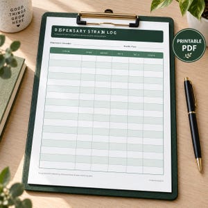 May include: A white paper dispensary strain log sheet with a dark green header featuring the text Dispensary Strain Log, organised into columns for strain, price, amount, date, THC percentage, and terpene percentage, held on a dark green clipboard.