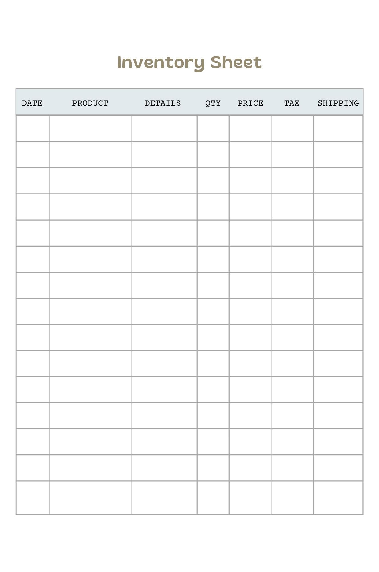 Minimalist Inventory Sheet Printable 6.125x9.25 in Small Business ...