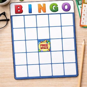 May include: A bingo game set with a blue-bordered bingo board, colorful bingo chips, and bingo balls. The board has the word "BINGO" in red, blue, green, and purple. A pencil and a small plant are also visible.