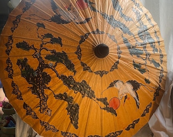Vtg Hand Painted Asian Parasol Rice Oil Paper Bamboo Umbrella Cranes Landscape