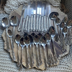May include: A large collection of silver-toned stainless steel flatware, including various sizes of spoons, dinner knives, and a soup ladle. Each piece features a decorative embossed pattern on the handle, arranged in a group on a wooden surface.
