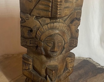 RARE Aztec  MesoAmerican hand carved wooden totem pole Medicine Man Sculpture 8.5”