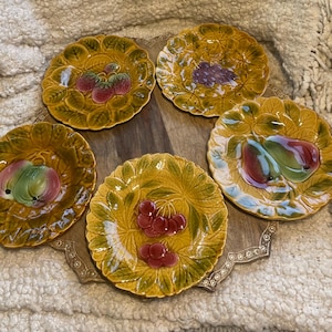 Lot (6) Vtg Sarreguemines Majolica French Pottery Fruit Plates 7.5” Cherries Grapes