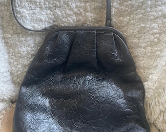Vintage Collard Mausau French Black Floral Embossed Leather Purse Shoulder Bag