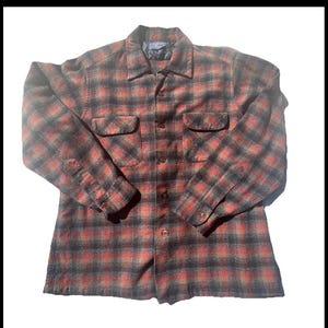 Vtg Pendleton 1960s Black Red Plaid Wool LS Board Shirt Loop Collar Mens L