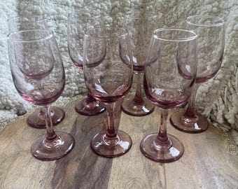 Set 7 Vtg LIBBEY Premiere Pink Rose Plum Teardrop Wine Glasses Stemmed Goblets