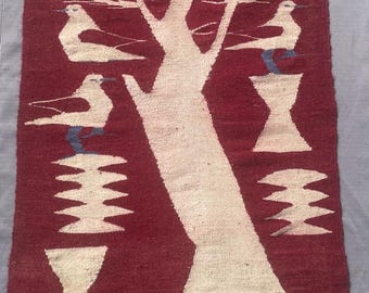 Vtg Egyptian Handmade Wool Kilim Tree Of Life Birds Wall Hanging Rug 40x48” Red