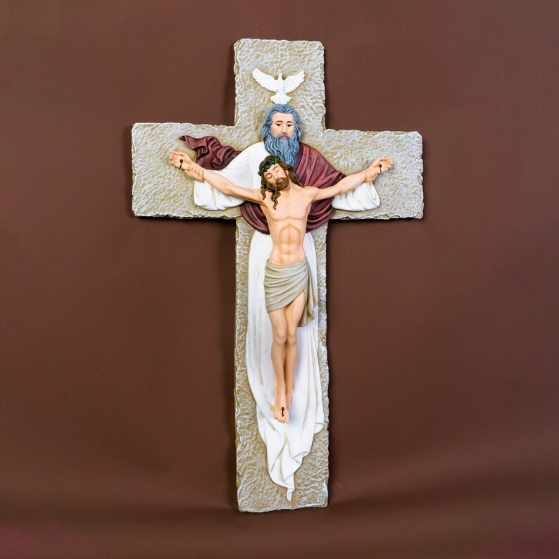 Holy Trinity Crucifix – Hand-Painted Catholic Wall Cross – God the Father, Son & Holy Spirit – Christian Home Decor Gift image 1