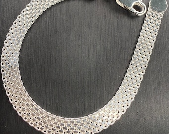 Pulsera Bizmark de plata de ley 925 italiana maciza, 7" de largo, 6,4 mm de ancho.