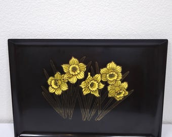 Vintage Couroc Monterey Daffodil Serving Barware Tray • Black Floral Inlay • 18 " Mid Century