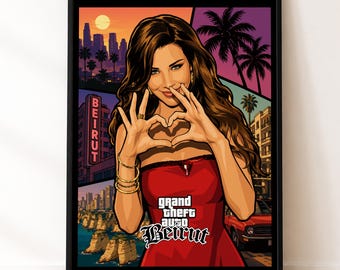 Beirut Video Game Pop Art Poster Digital Download Nancy Ajram Wall Art Lebanese Singer Print Pigeon Rocks Raouché Vintage Travel Poster