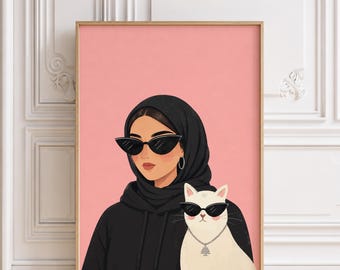 Lebanese Hijabi Girl Cat Print Cedar Tree Pink Girly Poster Muslim Woman Digital Download Flat Illustration Printable Decor Islamic Wall Art