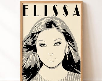 Elissa Monochrome Digital Download Print Line Art Black and White Comic Pop Art Lebanese Singer Arabic Music Minimalist Typography Poster