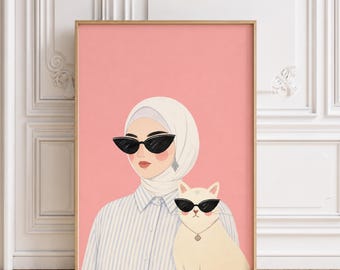 Syrian Hijabi Girl Cat Print Mosaic Necklace Girly Poster Muslim Woman Digital Download Flat Illustration Printable Decor Islamic Wall Art
