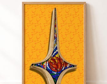 Damascus Sword Monument Digital Download Damascus Art Print Syrian Landmark Poster Arabic Typography Wall Art Yellow Retro Home Decor
