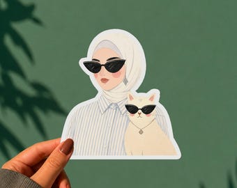 Syrian Hijabi Girl Cat Sticker Damascus Mosaic Muslim Woman & White Cat Vinyl Flat Illustration Waterproof Laptop Water Bottle Arab Gift