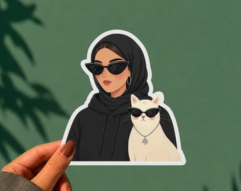 Lebanese Hijabi Girl Cat Sticker Cedar Tree Muslim Woman & White Cat Vinyl Flat Illustration Waterproof Laptop Water Bottle Arab Gift