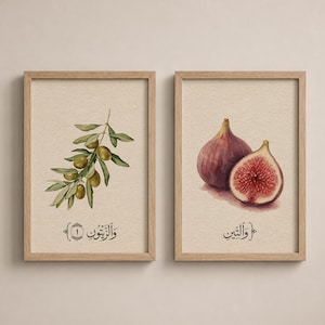 May include: Two framed wall art prints with light wood frames. The left print features a watercolor illustration of an olive branch with green olives and Arabic text. The right print shows a whole and a halved fig with Arabic text below.