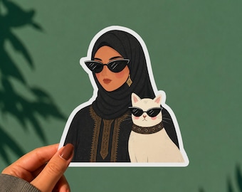 Iraqi Hijabi Girl Cat Sticker Abaya Muslim Woman & White Cat Vinyl Flat Illustration Waterproof Laptop Water Bottle Arab Gift