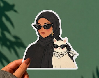 Hijabi Cat Sticker Cute Muslim Girl & White Cat Vinyl Sticker Keffiyeh Cat Aesthetic Waterproof Laptop Water Bottle Sticker Arab Gift