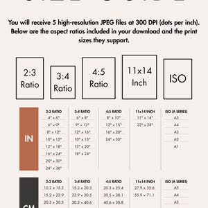 May include: A size guide chart titled SIZE GUIDE with text detailing 5 high-resolution JPEG files at 300 DPI. The chart displays aspect ratios 2:3, 3:4, 4:5, 11x14 Inch, and ISO, listing corresponding print dimensions in both inches and centimeters.