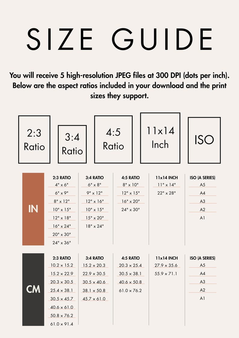 May include: A size guide chart titled SIZE GUIDE with text detailing 5 high-resolution JPEG files at 300 DPI. The chart displays aspect ratios 2:3, 3:4, 4:5, 11x14 Inch, and ISO, listing corresponding print dimensions in both inches and centimeters.