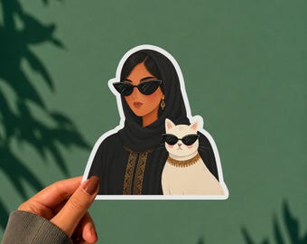 UAE Hijabi Girl Cat Sticker Abaya Muslim Woman & White Cat Vinyl Flat Illustration Waterproof Laptop Water Bottle Arab Gift