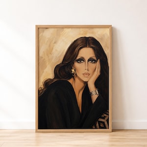 May include: A framed oil painting portrait of a person with long dark brown hair, wearing a black top, gold hoop earrings, and a silver watch. The person has their hand resting against their cheek, set against a textured beige background.