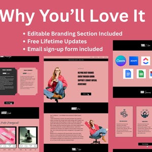 May include: A website design layout with a pink and black color scheme. The design includes the text "Why You'll Love It" and "Editable Branding Section Included". The layout also features icons for Canva, Zoom, and other apps.