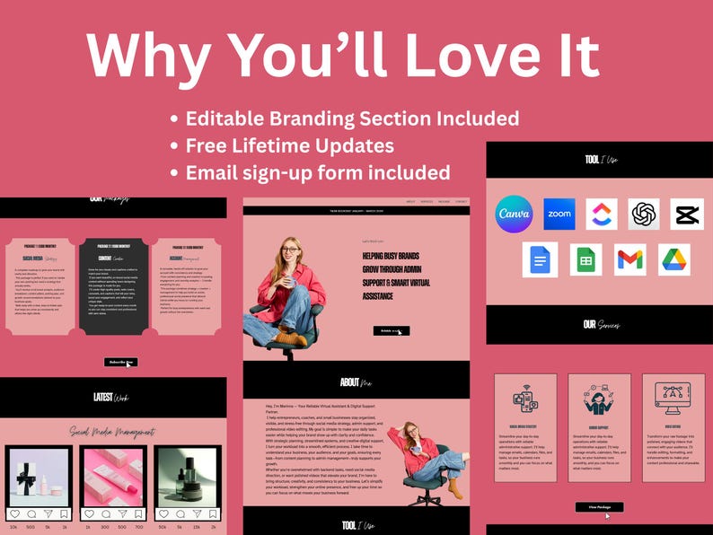 May include: A website design layout with a pink and black color scheme. The design includes the text "Why You'll Love It" and "Editable Branding Section Included". The layout also features icons for Canva, Zoom, and other apps.
