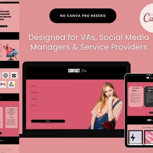 May include: A digital design showcasing a website layout on a laptop and tablet, with a pink and black color scheme. The design includes the text "Designed for VAs, Social Media Managers & Service Providers" and "NO CANVA PRO NEEDED".