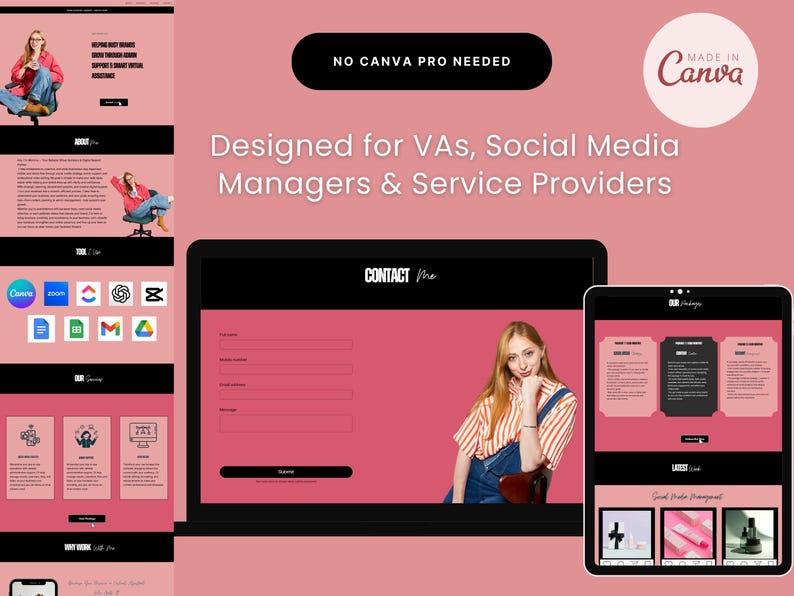 May include: A digital design showcasing a website layout on a laptop and tablet, with a pink and black color scheme. The design includes the text "Designed for VAs, Social Media Managers & Service Providers" and "NO CANVA PRO NEEDED".