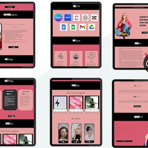 May include: A digital marketing website design displayed on multiple tablets. The website features a pink and black color scheme with various sections, including "Our Packages" and "Latest Link." The design incorporates images and text, showcasing a modern and clean aesthetic.