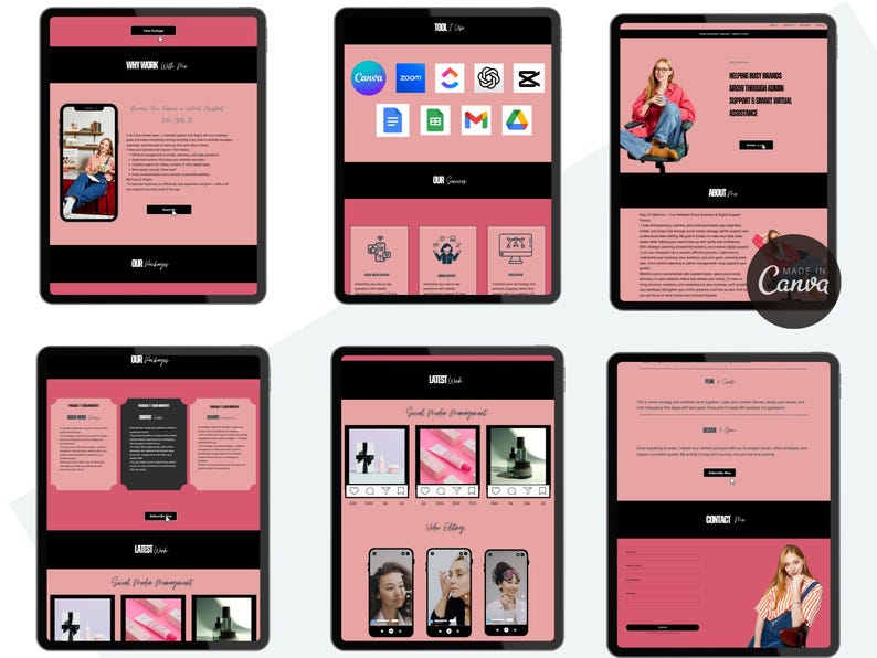 May include: A digital marketing website design displayed on multiple tablets. The website features a pink and black color scheme with various sections, including "Our Packages" and "Latest Link." The design incorporates images and text, showcasing a modern and clean aesthetic.