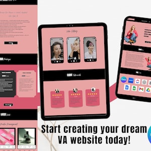 May include: A digital marketing website design with a pink and black color scheme. The design is displayed on a tablet and two smartphones. The text "Start creating your dream VA website today!" is visible.