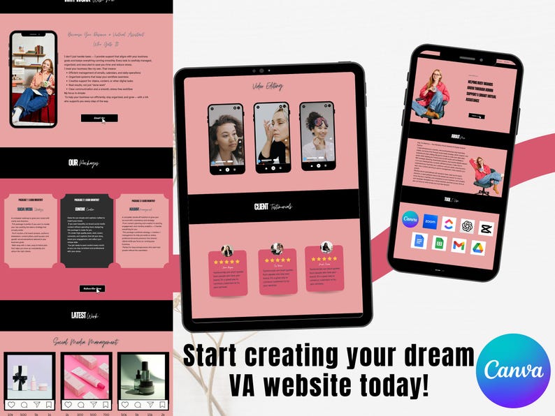 May include: A digital marketing website design with a pink and black color scheme. The design is displayed on a tablet and two smartphones. The text "Start creating your dream VA website today!" is visible.