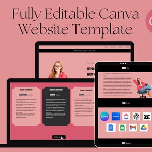May include: A digital mockup of a website template displayed on a laptop, tablet, and desktop computer. The website design features a pink and black color scheme with the text "Fully Editable Canva Website Template". The Canva logo is in the upper right corner.