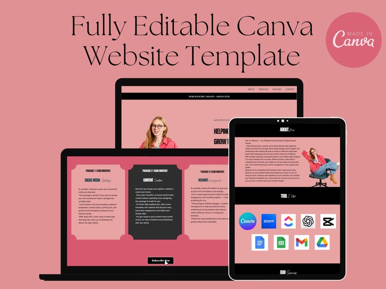 May include: A digital mockup of a website template displayed on a laptop, tablet, and desktop computer. The website design features a pink and black color scheme with the text "Fully Editable Canva Website Template". The Canva logo is in the upper right corner.