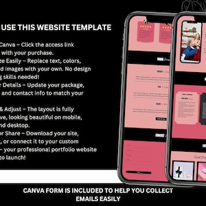 May include: Two smartphones displaying a website template with a pink and black design. The template includes sections for services, contact information, and social media management. Text on the screen reads "How to Use This Website Template."