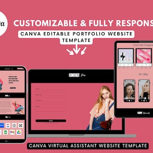 May include: A digital mockup of a website template on a smartphone, laptop, and tablet. The design features a pink and black color scheme with the text "Canva" and "Customizable & Fully Responsive". The template is for a virtual assistant website.