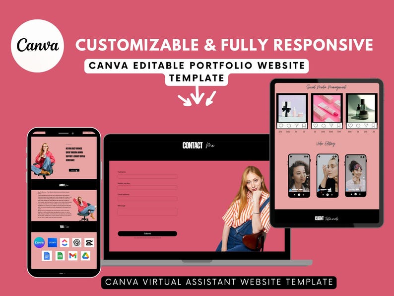 May include: A digital mockup of a website template on a smartphone, laptop, and tablet. The design features a pink and black color scheme with the text "Canva" and "Customizable & Fully Responsive". The template is for a virtual assistant website.