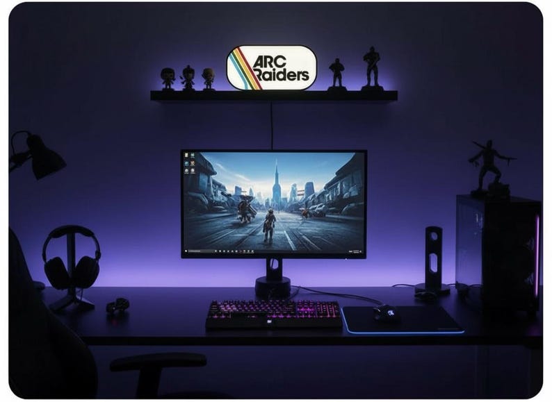 May include: A gaming setup with a computer monitor displaying a futuristic cityscape. A keyboard, mouse, and mousepad are on the desk. The wall features a shelf with figurines and a sign that reads "ARC Raiders". The room is illuminated with purple lighting.