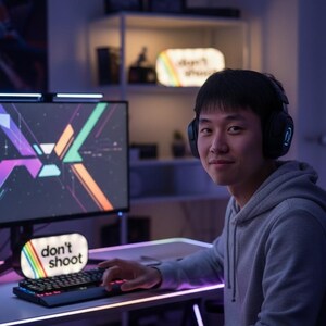 May include: A person wearing headphones sits at a desk with a computer monitor and keyboard. The monitor displays a colorful graphic. A small sign with the text "don't shoot" and a rainbow design is on the desk.