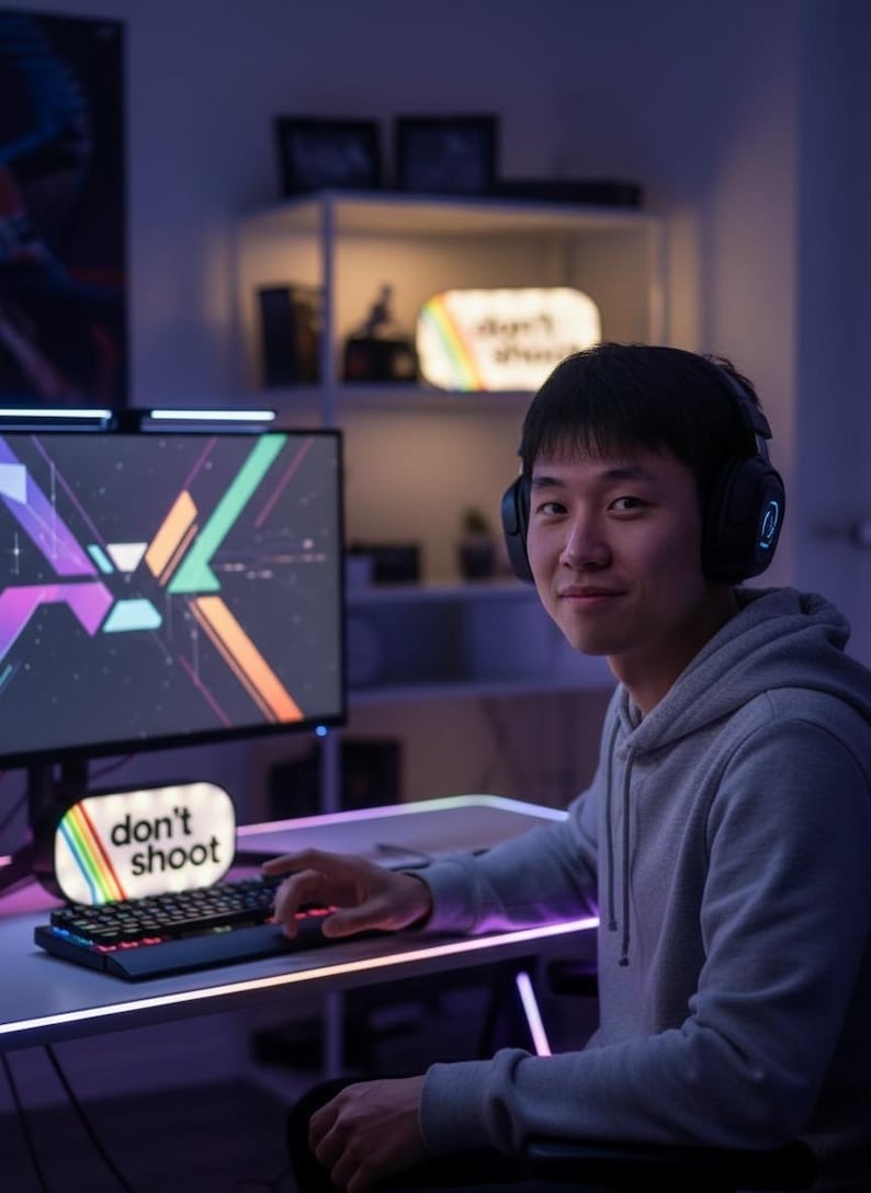 May include: A person wearing headphones sits at a desk with a computer monitor and keyboard. The monitor displays a colorful graphic. A small sign with the text "don't shoot" and a rainbow design is on the desk.