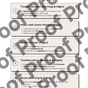 Puede incluir: Una infografía titulada "Rutina de higiene bucal [Frenillos]" con pasos para limpiar los dientes con frenillos. Los pasos incluyen el uso de un raspador de lengua, hilo dental, irrigador bucal, cepillo de dientes y enjuague bucal. El texto es negro sobre blanco.