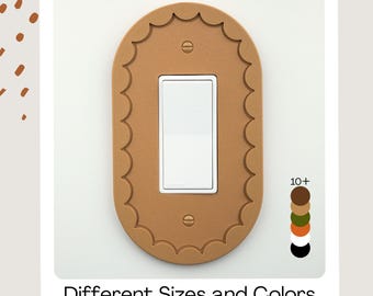 May include: A light brown, scalloped-edge light switch cover with a white switch. The cover has a rectangular opening and is secured with two screws. The image also shows a color palette and the text "Different Sizes and Colors."